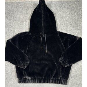 Express Hoodie Womens Small Black Cozy Faux Fur Pullover Soft‎ Plush Drawstring